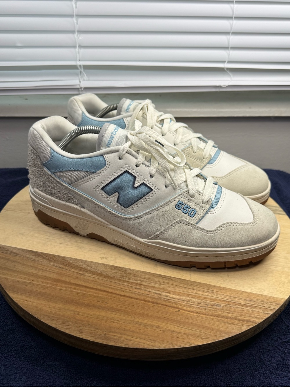 New Balance 550 Sneakers in White and Light Blue with Gum Sole (Men’s 11)